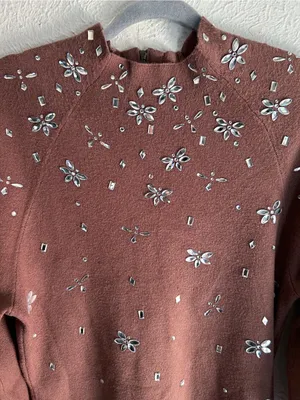 Anthropologie Sweater Dress ChocolateBrown Crystal Mock Neck Balloon Small thumbnail 2