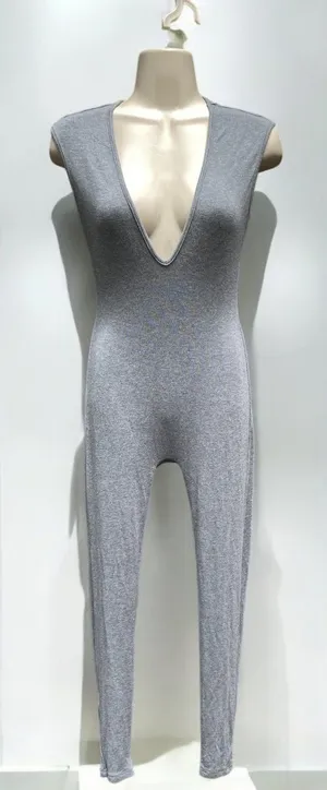 SheIn Gray Ribbed Knit Plunge Sleeveless Jumpsuit S Stretchy Bodycon Catsuit thumbnail 1