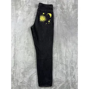 Womens M Graphic Yellow Sun Moon Stars Denim Black Straight Jeans Boho thumbnail 8