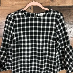 Beachlunchlounge Gingham Ruffle Bell Sleeve Cotton‎ Dress Black White XS TP thumbnail 2