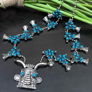Vintage Kachina Mask Faux Turquoise Southwestern Style Squash Blossom Necklace thumbnail 5