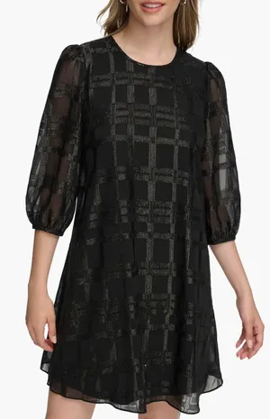 Calvin Klein Metallic Windowpane Trapeze Dress | Black | Size 16 | Sheer Sleeve thumbnail 1