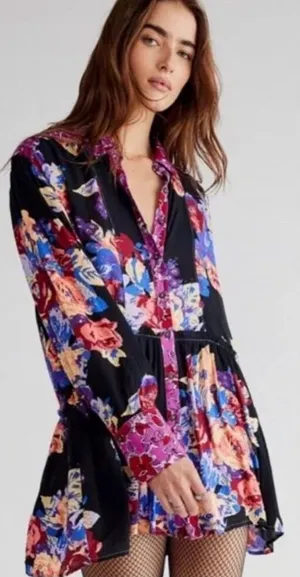 Free People Bunch A Brunch Tunic‎ Top Dress Black Motif Pink Purple Floral Small thumbnail 1