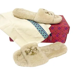 Tory Burch Ivory Jeweled Shearling Slippers Size 6.5 Hard Sole Slip On thumbnail 1