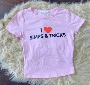 New Bratty Baby Tee Cropped Shirt "I love Simps & Tricks" Pink S thumbnail 1