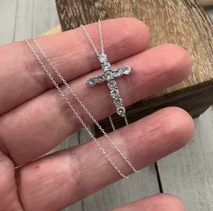 Sterling Silver CZ Cross Necklace Silver thumbnail 1