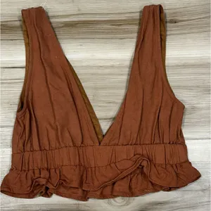Molly Green Brown Linen Blend Tank Top Crop Ruffle Women’s Small thumbnail 4