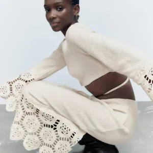 Zara Women's Cream Ecru Crochet Knit Boho Long Sleeve Cut Out Crop Top Size S thumbnail 2