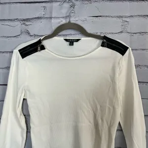 Vintage Lauren Ralph Lauren Zip Shoulder Ribbed Top White Y2K Preppy Streetwear thumbnail 5