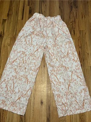 Wide Leg Bird Floral Pants Size M polyeste High Rise Pleated Cream Peach Pockets thumbnail 3