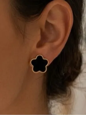 Gold Plated Black Clover Earrings Stainless Steel Floral Unisex Mens Womens thumbnail 2