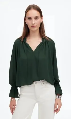 Madewell Long-Sleeve Tie-Neck Top Luxury Forest Sheer Blouse Size XS #1100 thumbnail 1