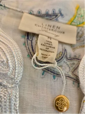 Charter Club 100% Linen Embroidered Tunic Blouse Paisley White Blue Size M W-172 thumbnail 3
