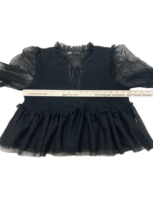 ZARA Black Dotted Sheer Smocked Puff Sleeve Layering Babydoll Blouse thumbnail 2