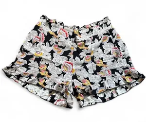 Black Floral Ruffle Hem Boho Shorts Womens Sz M Hippie Flutter Elastic Waistband thumbnail 1