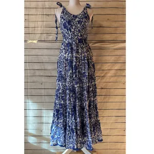 FREE PEOPLE Kikas Blue And White Floral Tie Shoulder Maxi Dress Size Medium thumbnail 14