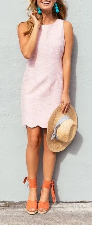 Southern Tide Pink Tweed Sleeveless Shift Dress with Scalloped Hem thumbnail 1