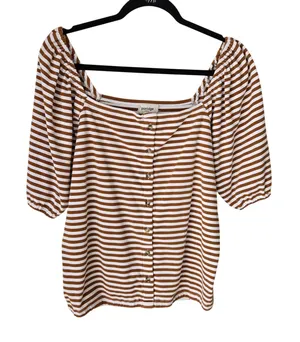 Anthropologie Striped Puff Sleeve Top Porridge Size XL thumbnail 1