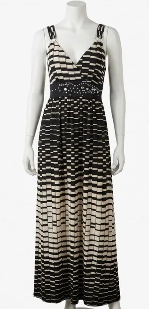 Studio‎ West Apparel Black Cream Geometric Rhinestone Empire Waist Maxi Dress M thumbnail 1