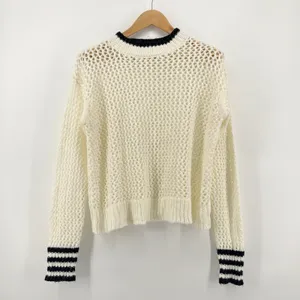Elan Womens Cream Mock Neck Open Knit Sweater Black Stripe Cuff‎ Detail Medium thumbnail 2