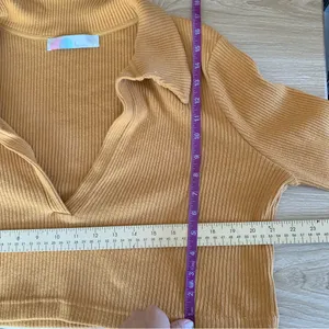 Free People Beach Large Honey Yellow‎ Deep V Neck Collar Crop Sweater Rib thumbnail 5