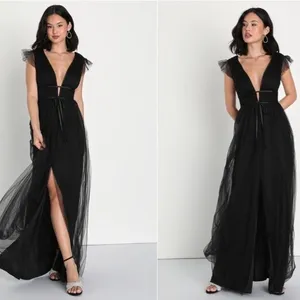NEW Lulus Women Im All Yours Dress XS Black Tulle‎ Flutter Plunging Maxi Gown thumbnail 3