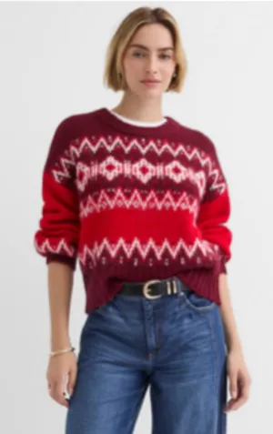 LOFT Women’s Fuzzy Fair Isle Oversized Sweater Small Red Burgundy Wool Blend thumbnail 1