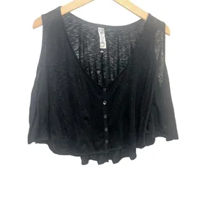 ✨Free People Black Crinkle Button Front Swing Crop Sz Medium Top✨ thumbnail 6