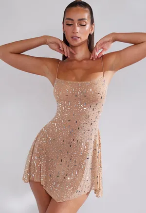 Oh Polly Durrani Sheer Embellished Scoop Neck Mini Dress in Nude Size 4 thumbnail 1