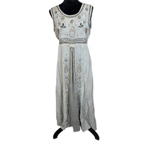 Vtg 90s MPH Gray Floral Embroidered Sleeveless Boho Maxi Dress Large Lagenlook thumbnail 2
