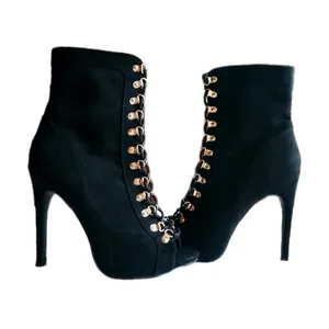 NWOB Wild Diva Black Vegan Suede Stiletto Boots with Gold Accents Size 8 thumbnail 2