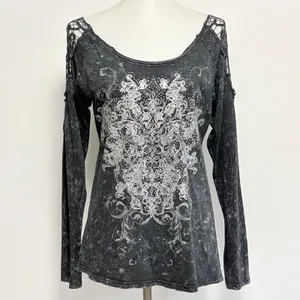 Maurices Silver Top Large Black Mineral Wash Crochet Lace Scroll Rhinestone L thumbnail 2