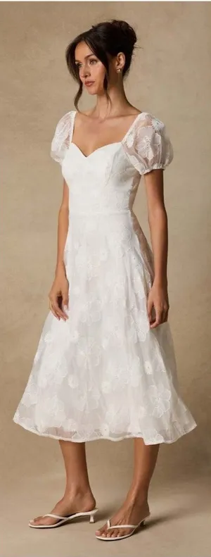 Lulus Sweetest Behavior White Embroidered Puff Sleeve Midi Dress Size Medium thumbnail 1