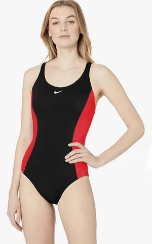 Nike Black One-Piece Swimsuit with Red Side Panels and Scoop Neck thumbnail 1