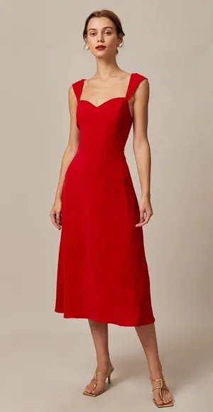 RIHOAS The Red Sweetheart Neck Cap Sleeve Midi Dress thumbnail 1