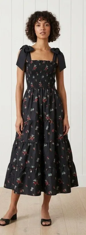 NWT Hill House Ribbon Ellie Nap in Black Ikat Taffeta Smocked Midi Dress XS thumbnail 1