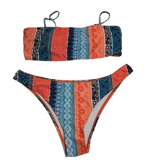 Boho Patchwork Bandeau Bikini Set High Cut Cheeky 2 Piece Swimsuit thumbnail 1