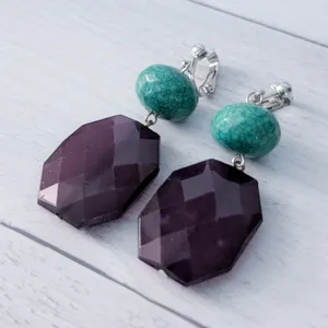 Vintage Clip On Earrings 1.25" Dark Purple & Turquoise Tone Large Chunky Dangle thumbnail 6