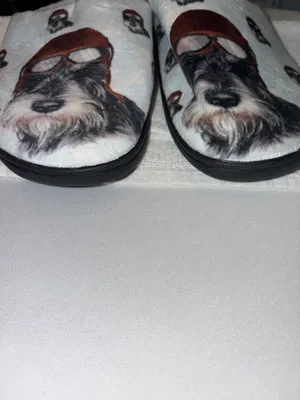Plush Dog in leather flight cap Pattern Slip-On Clog style Slippers Sz 40-41 9.5 thumbnail 2