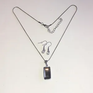 Dark Gray Smoky Gray Rectangle Pendant Necklace and Earrings Set thumbnail 2