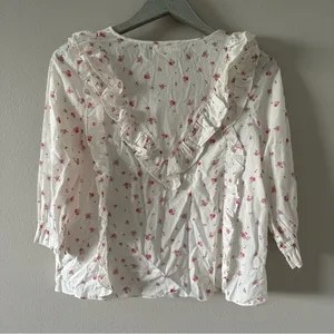 LoveShackFancy Cream & Pink Floral Print Ruffle Blouse thumbnail 6