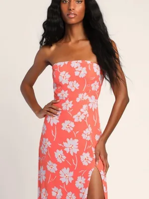 Lulu's Coral Floral Strapless Maxi Dress with Side Slit thumbnail 2