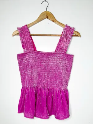 By Anthropologie Smocked Velvet Babydoll Tank Top Pink Fuchsia Medium thumbnail 3