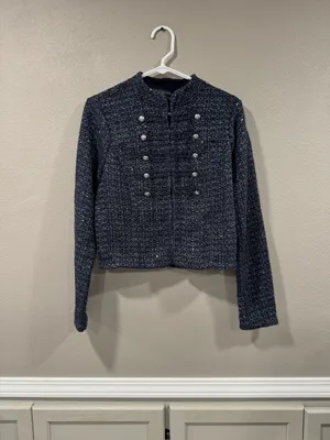 White House Black Market Navy Blue Tweed Jacket with Light Blue Accents Glitter thumbnail 2