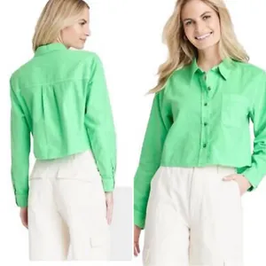 Universal Thread Crop Top Light Neon Green Cotton Linen‎ Size XS Long Sleeves thumbnail 2
