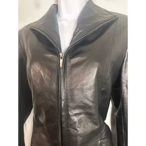 Cole Haan Womens Black Genuine‎ Lambskin Leather Wing Collar Zip Jacket Medium thumbnail 5