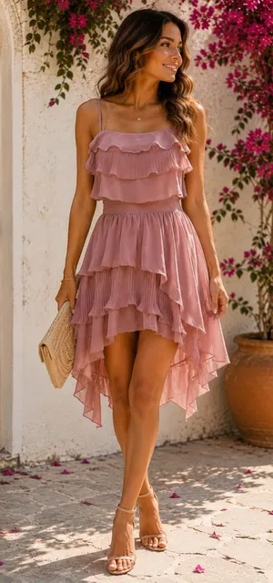 Double Zero Dusty Rose Hi Lo Ruffle Dress Large Layered Asymmetrical thumbnail 1
