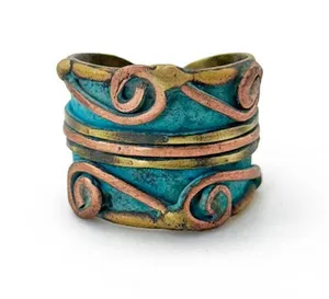 Turquoise & Copper Scrollwork Brass Patina Ring #2 Blue thumbnail 1