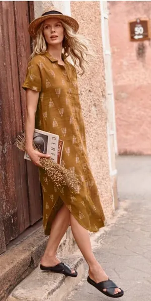 Garnet Hill Shirt Dress Womens XS Yellow Linen Geometric Button Midi Casual thumbnail 1
