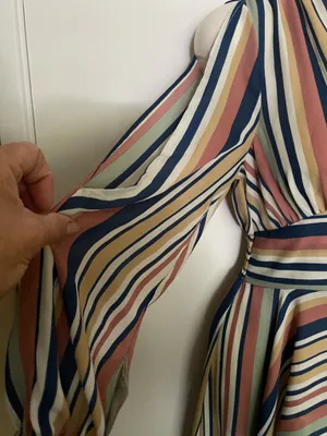 Penelope Asymmetric Stripe Long Sleeve Linen and Silk Shirtdress, featuring a V-neckline thumbnail 4